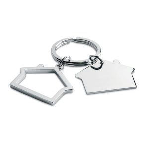 Portachiavi personalizzabile con logo aziendale a forma di casa doppia in metallo