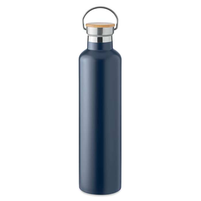 Borraccia termica personalizzabile con logo da 1 litro con tappo in bambù, a doppio strato isolante in acciaio inox, con manico per il trasporto.