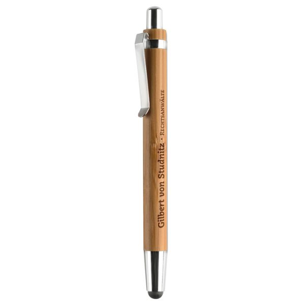 Penna in bambù personalizzata con incisione con parti cromate e gommino touch screen