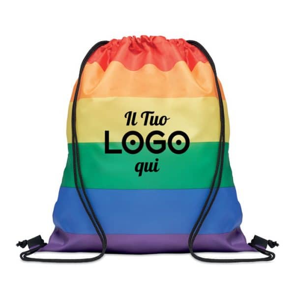 Sacca arcobaleno personalizzabile con logo in poliestere 210D RPET con cordino in PP.