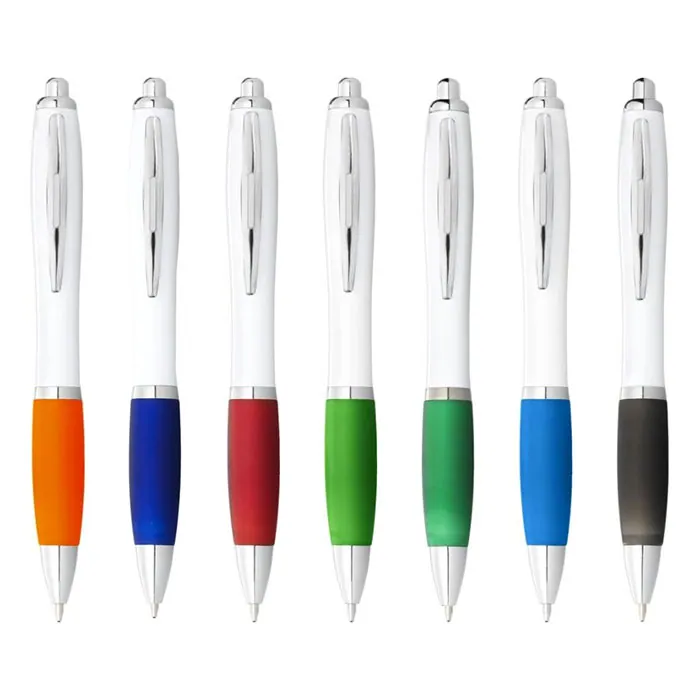 Penna a sfera con fusto bianco e impugnatura colorata