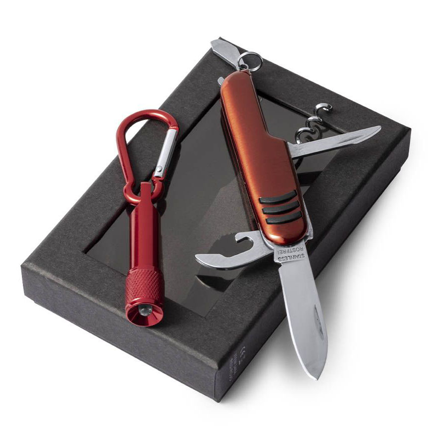 Set coltellino multifunzione e torcia moschettone Set coltellino multifunzione e torcia moschettone