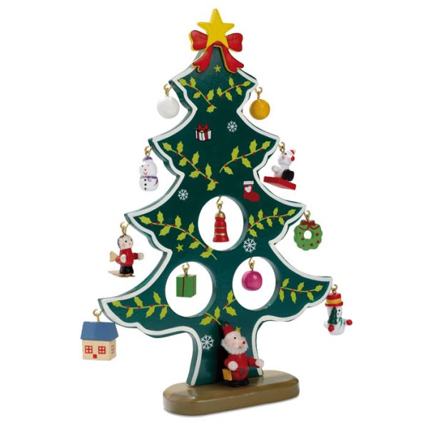 Albero di Natale in legno personalizzabile con logo con 12 differenti decorazioni