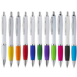 Penne personalizzabili con logo con corpo bianco e impugnatura gommata