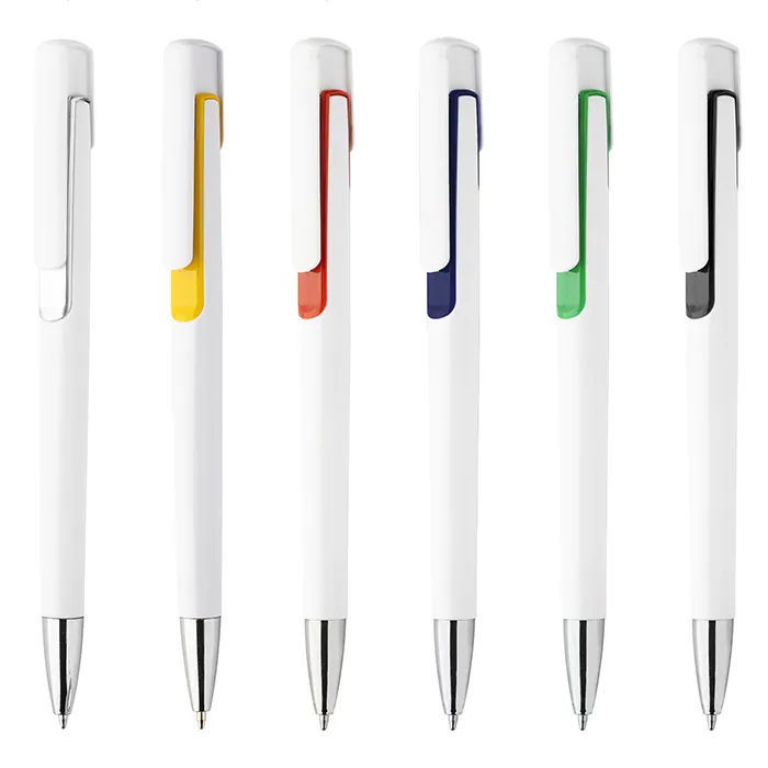 Penna a sfera in plastica bianca con particolari colorati