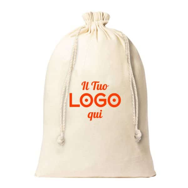 Sacca riutilizzabile personalizzabile con logo in 100% cotone con chiusura a coulisse, peso 105 g/m².