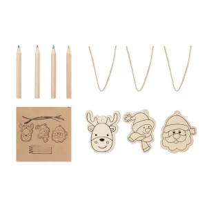 Set di 3 decorazioni natalizie in legno da colorare. 4 matite incluse.