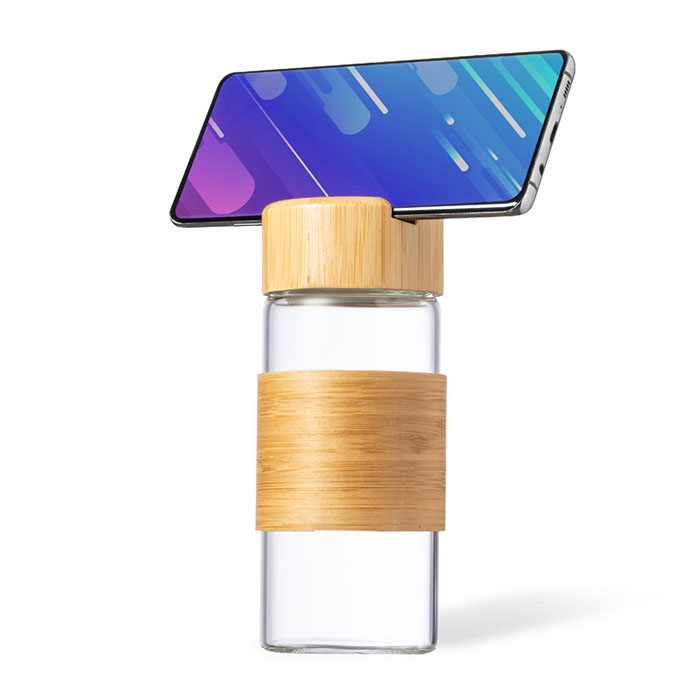Borraccia in vetro con coperchio in bamboo porta smartphone