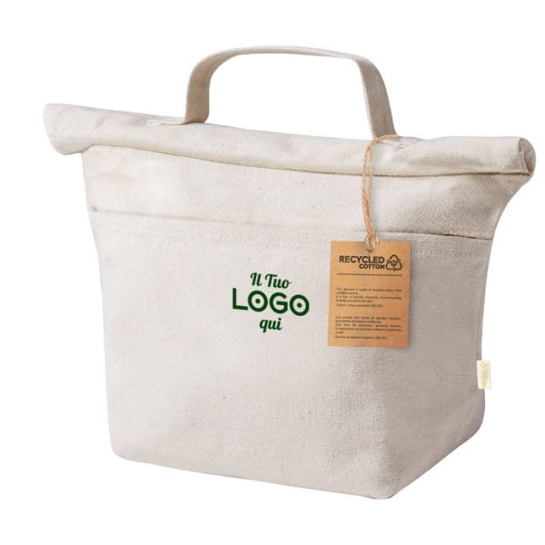 Borsa termica personalizzabile con logo in cotone riciclato con chiusura a velcro