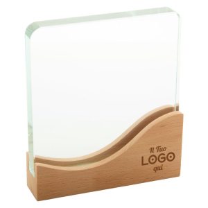 Fermacarte trofeo personalizzabile con logo in vetro e legno