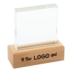 Fermacarte trofeo personalizzabile con logo in vetro con base in legno di faggio