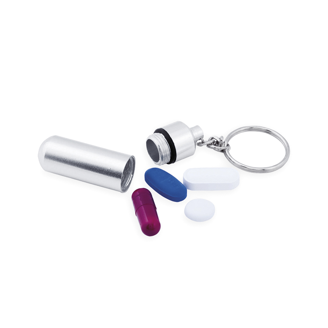 Portachiavi con portapillole personalizzabile con logo in alluminio lucido