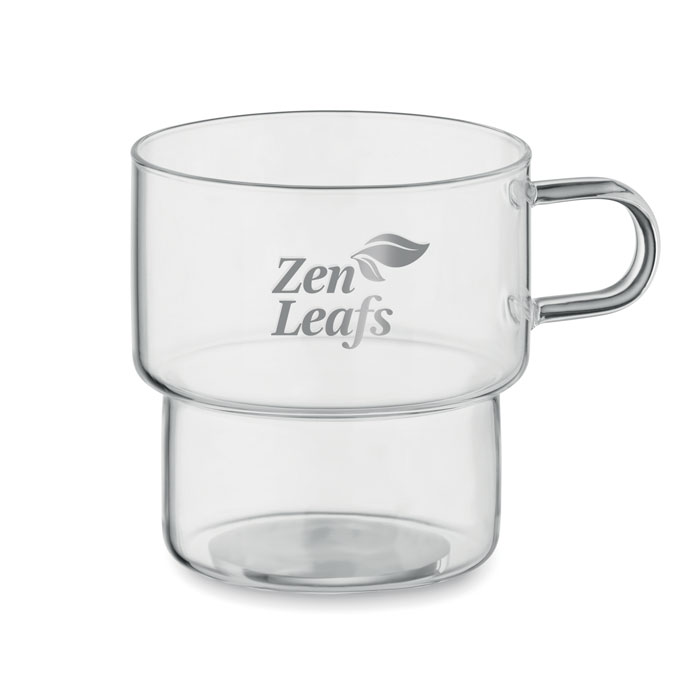 Tazza impilabile in vetro borosilicato personalizzabile con logo