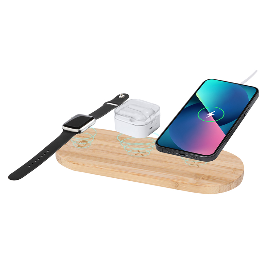 Caricatore wireless multifunzione 15W in bambù personalizzabile con logo