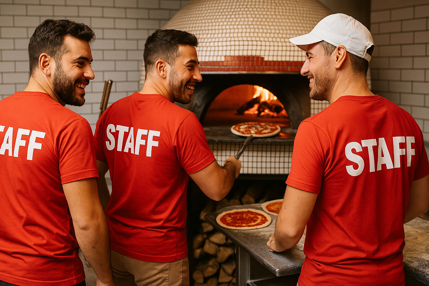 gruppo pizzaioli con magliette staff rosse personalizzate con logo
