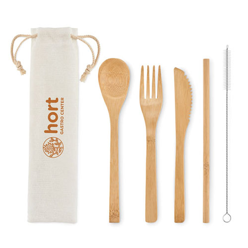 Set posate riutilizzabili in bamboo con custodia in tela