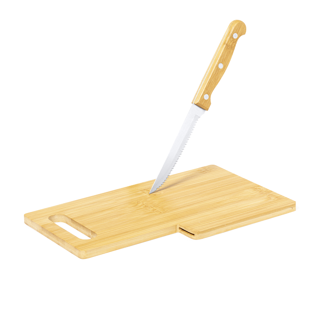 Tagliere da cucina in bambù personalizzabile con logo con coltello seghettato