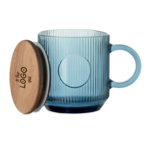 Tazza in vetro a coste con coperchio in acacia personalizzabile con logo