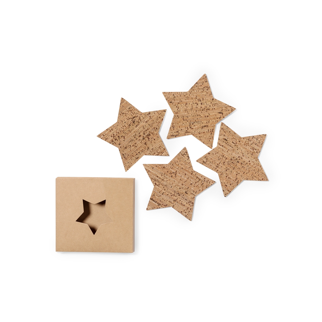 Set di 4 sottobicchieri a forma di stella in sughero naturale personalizzabili con logo