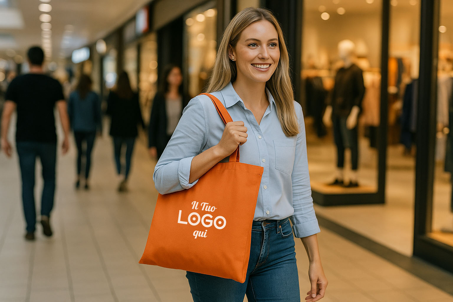 borsa personalizzabile arancione regalo alle clienti centro commerciale