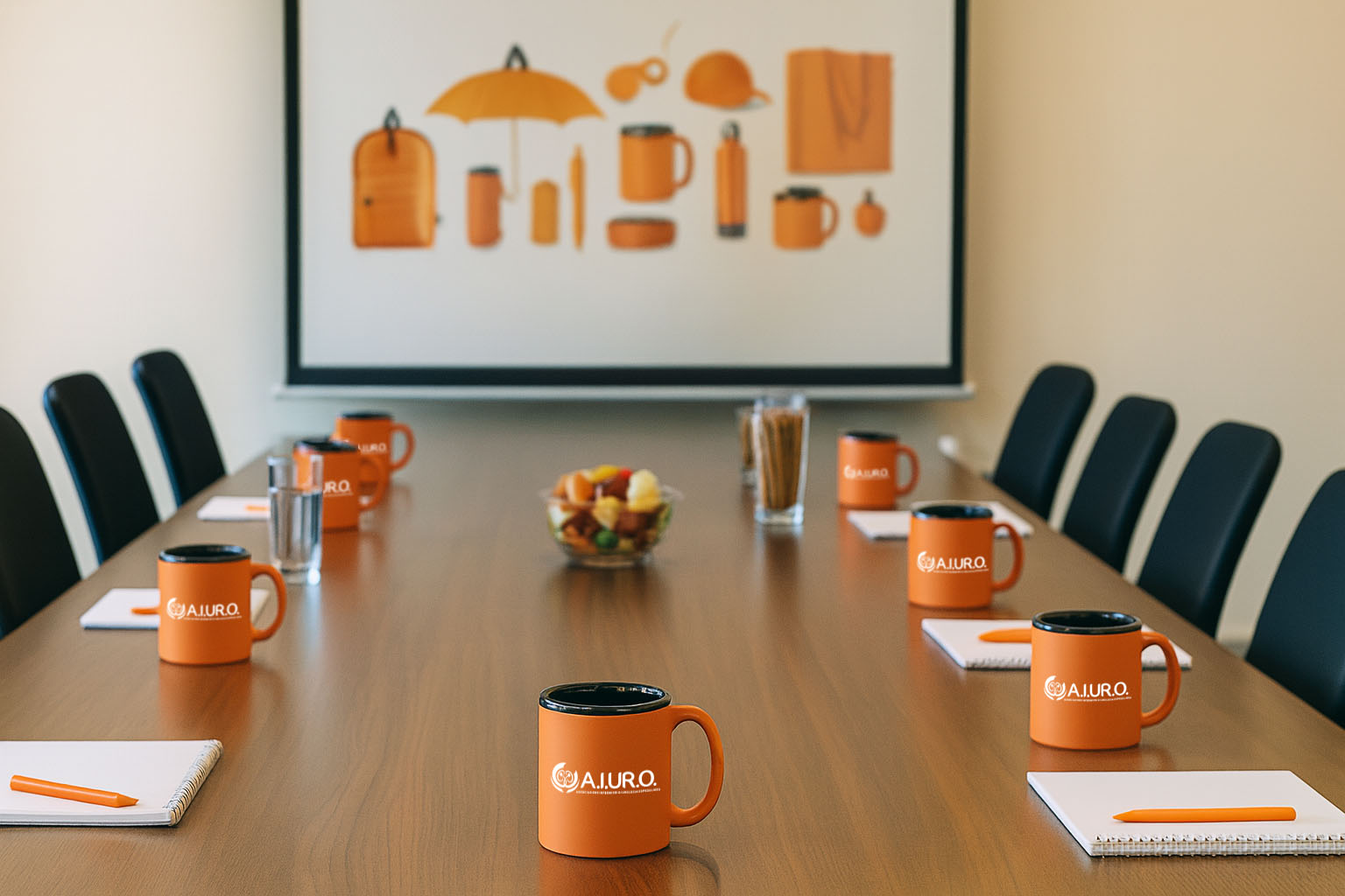 sala riunioni pronta con gadget personalizzati aziendali