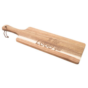 Tagliere in legno di acacia personalizzabile con logo con manico e cordino in PU