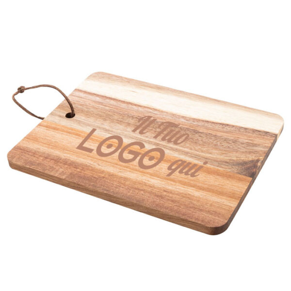 Tagliere in legno d'acacia personalizzabile con logo con cordino in PU