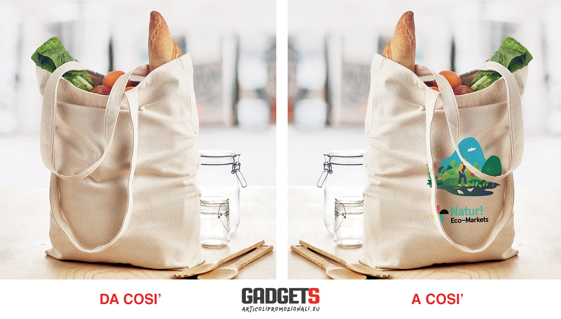 Shopping bag personalizzate in tela con manici lunghi e con soffietto