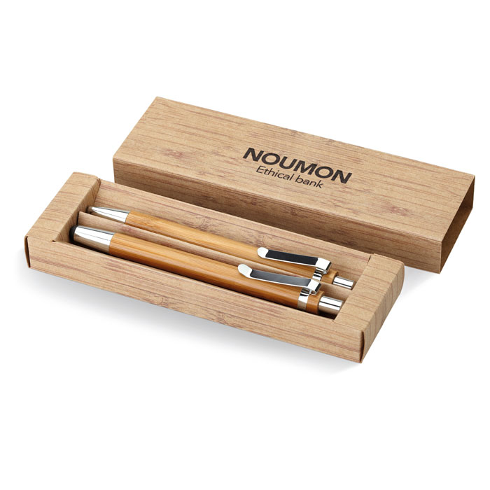Set bamboo in scatola di cartone con penna a scatto con inchiostro blu matita a mine MIDMO8111
