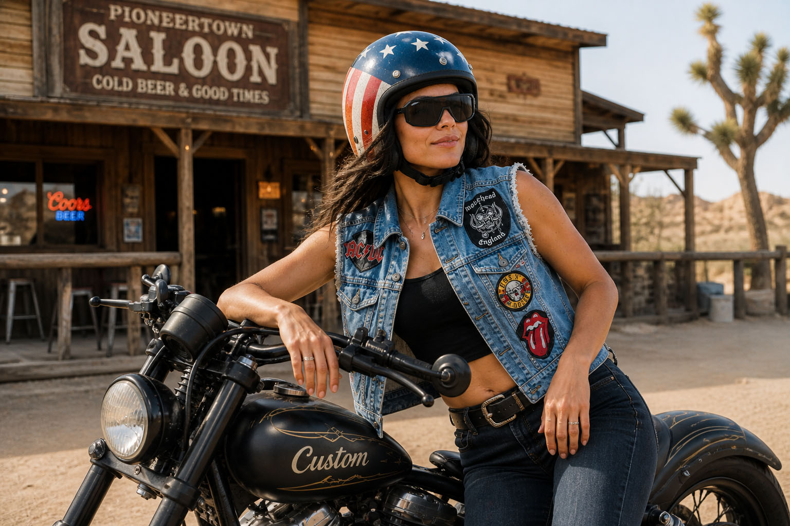 ragazza con occhiali da motociclista personalizzabili