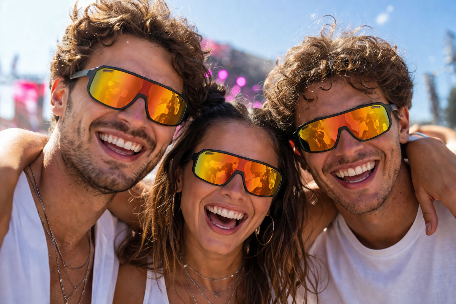 ragazzi si divertono ad un festival musicale con occhiali da sole moderni e personalizzabili