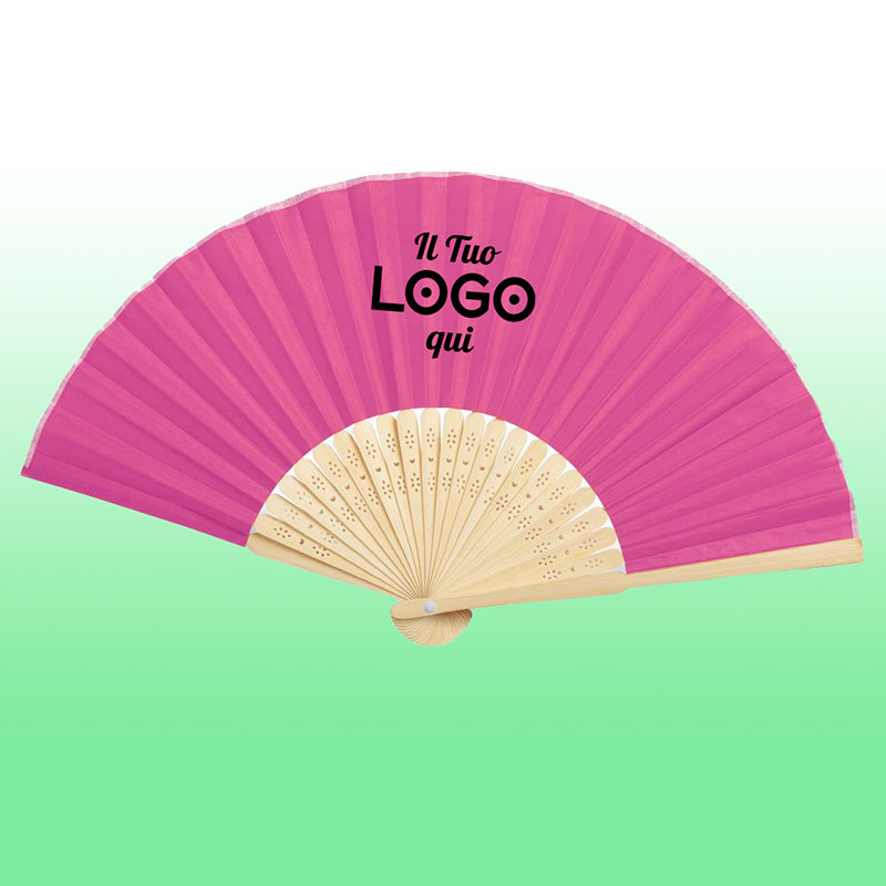 Ventaglio personalizzabile con logo in bambù e tessuto in poliestere. Disponibile in una vasta gamma di colori.