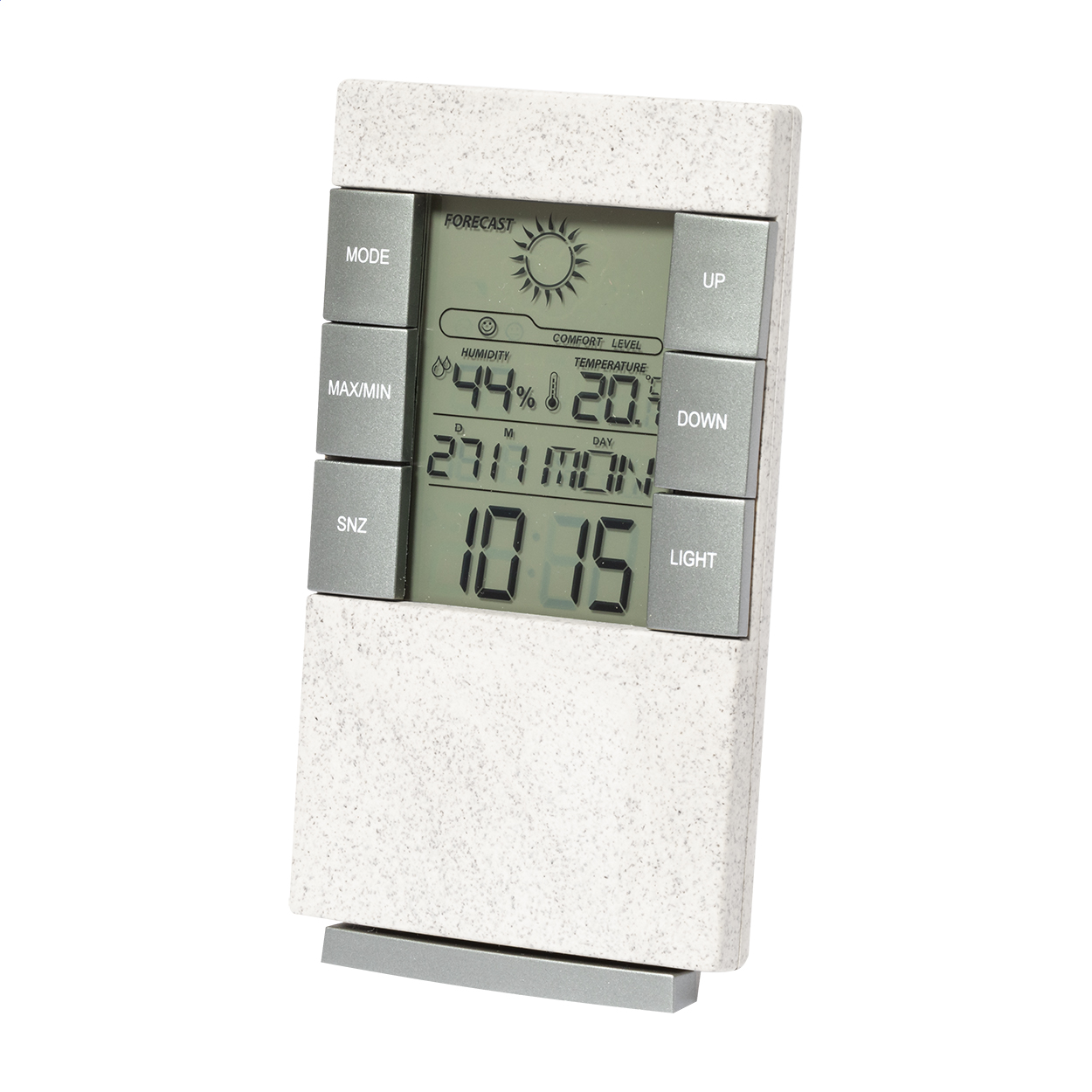 Orologio digitale e stazione meteorologica personalizzabile con logo in plastica ecologica