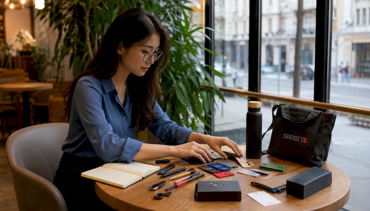 Una donna seleziona gadget promozionali personalizzati