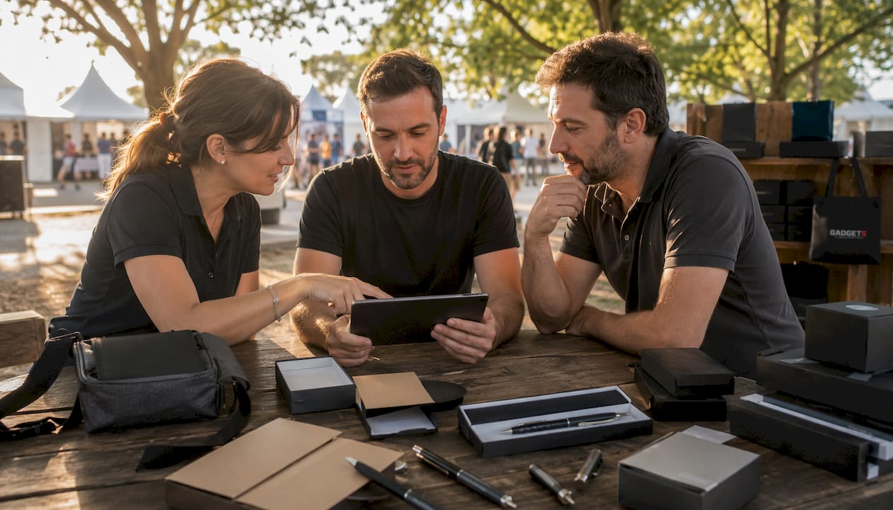Lo staff della fiera si confronta durante il briefing, passando in rassegna la lista dei gadget da distribuire.