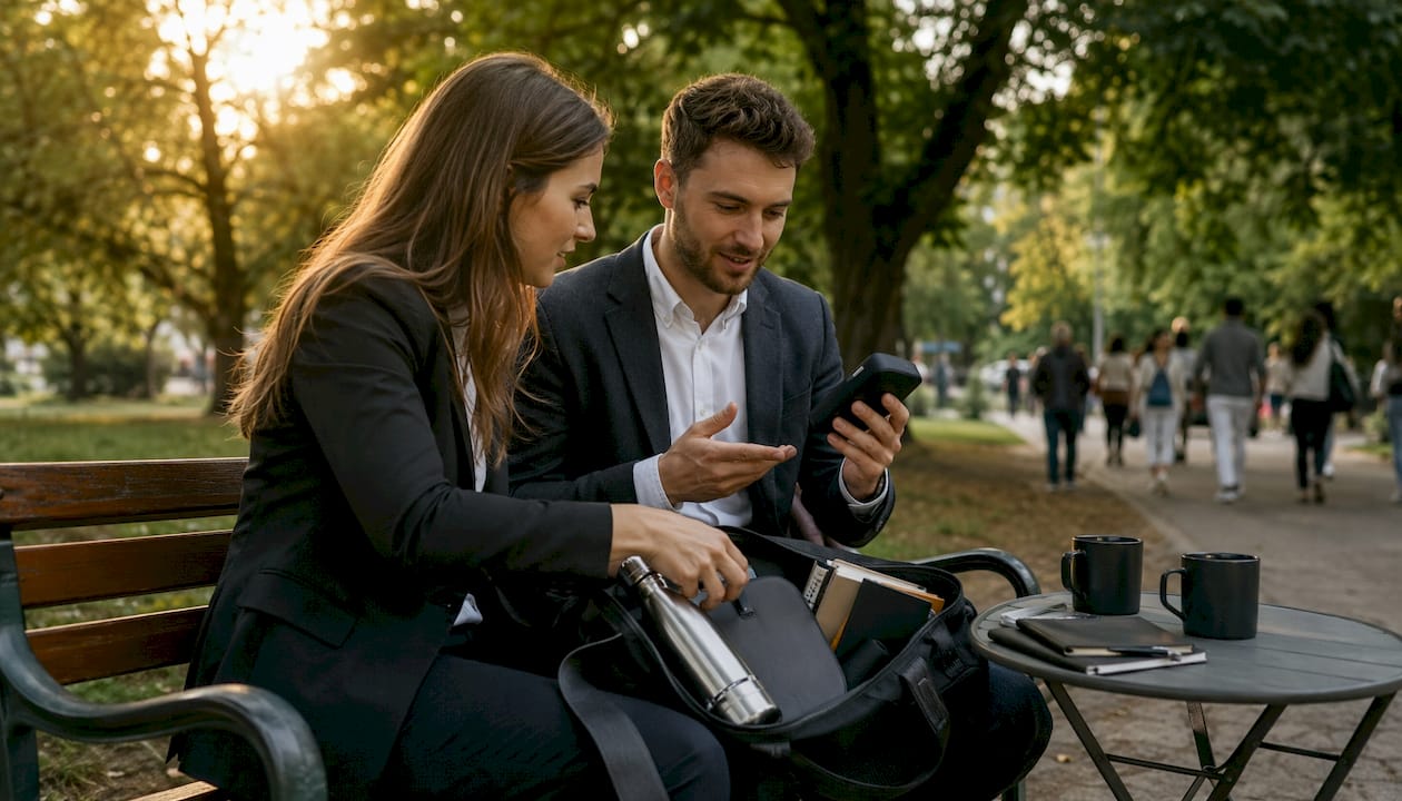 Un gruppo di persone che curiosa insieme tra gli oggetti della welcome bag, commentando e scambiandosi opinioni su ciò che trovano.