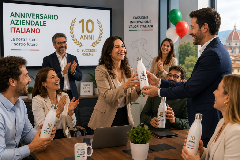 Dipendenti sorridenti in una sala riunioni celebrano l'anniversario aziendale italiano, ricevendo borracce personalizzate come regalo speciale.