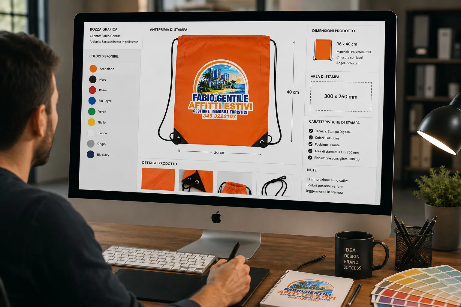 Revisione del progetto grafico in ufficio della sacca personalizzata a colori