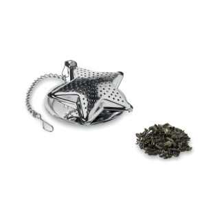 Infusore da the a forma di stella con catenina e piattino. In acciaio inossidabile.