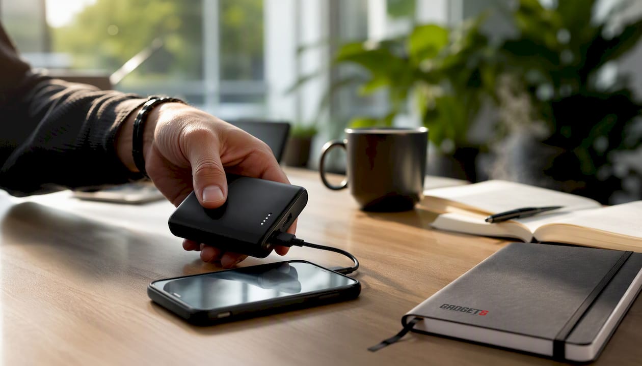 Una mano ricarica lo smartphone utilizzando un powerbank personalizzato con il logo aziendale.