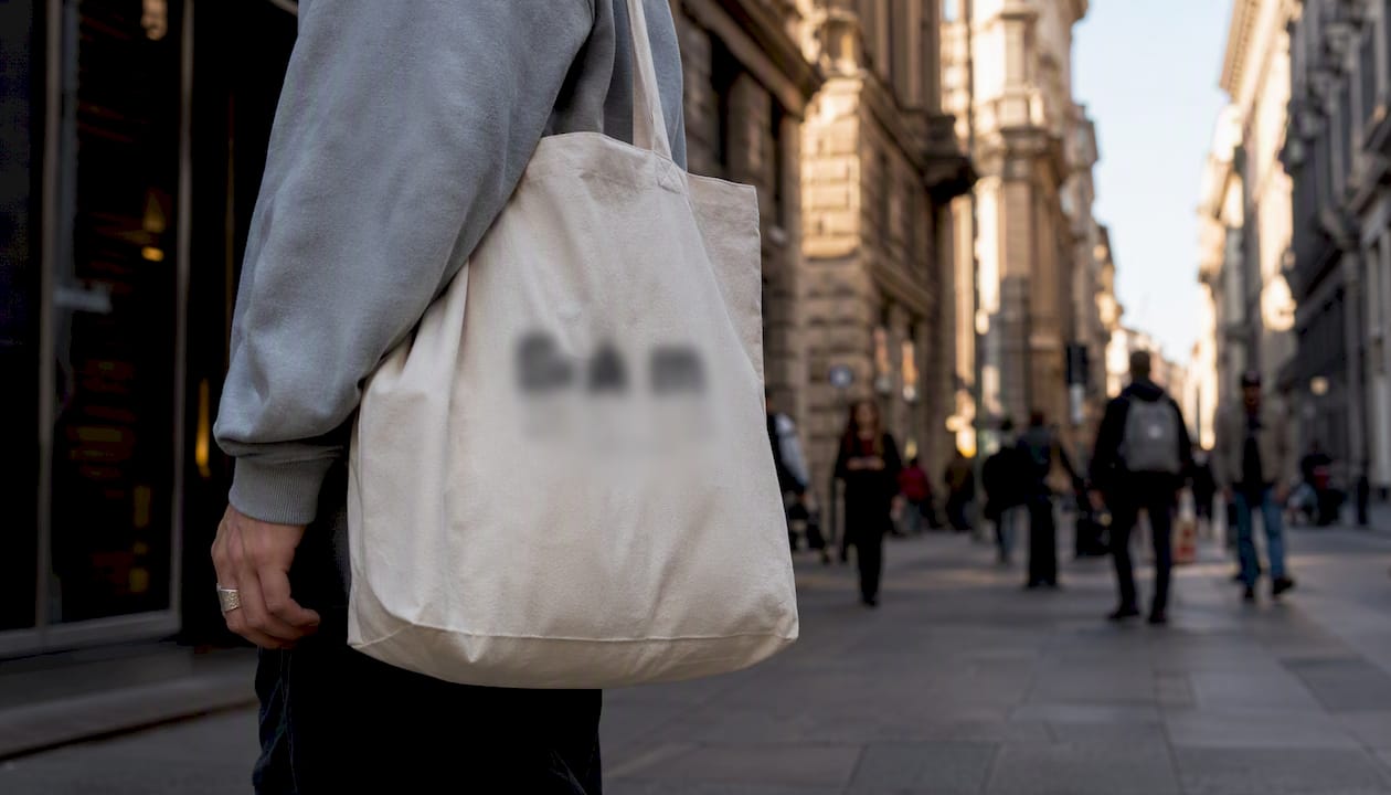 Una persona passeggia per le vie della città con una borsa shopper personalizzata.