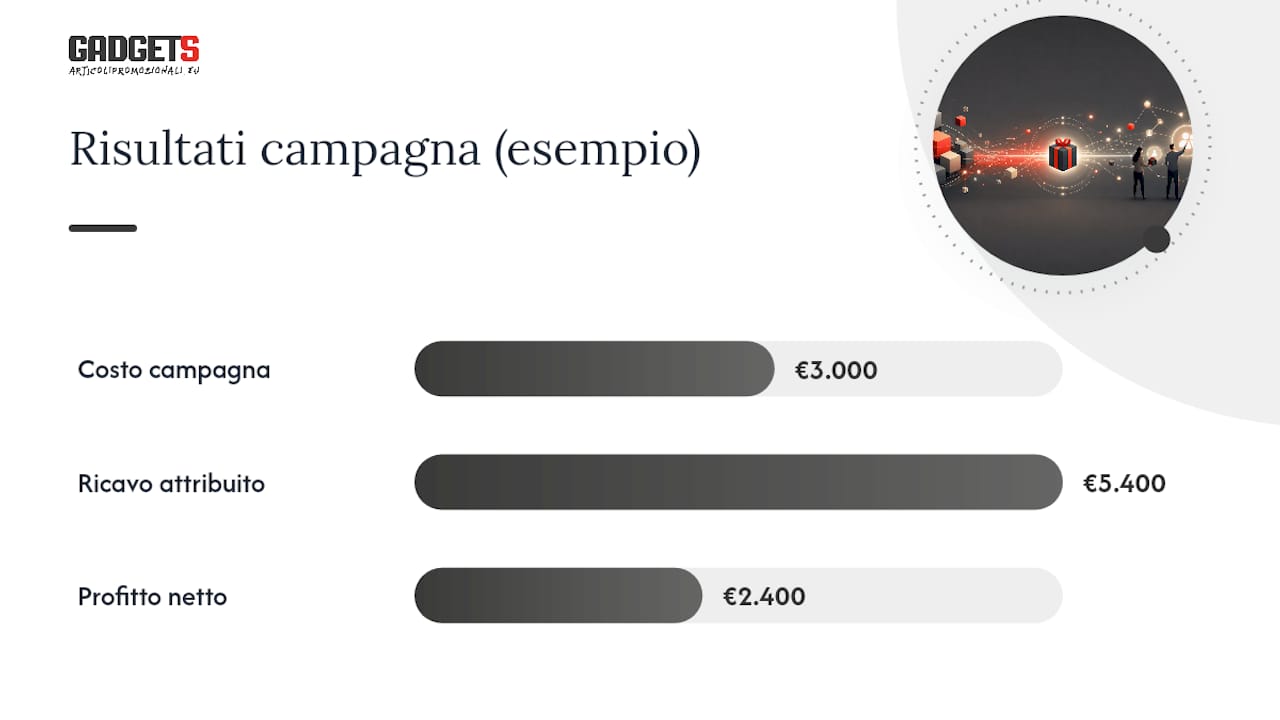 Diagramma che mostra il calcolo di ROI, CAC e CLV per una campagna di gadget