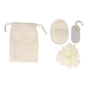 Set da bagno contenuto in un sacchetto di cotone personalizzabile