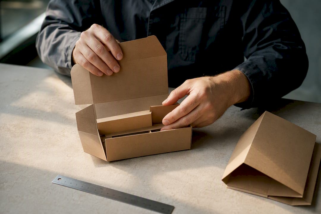 Tecnico che controlla un campione di packaging