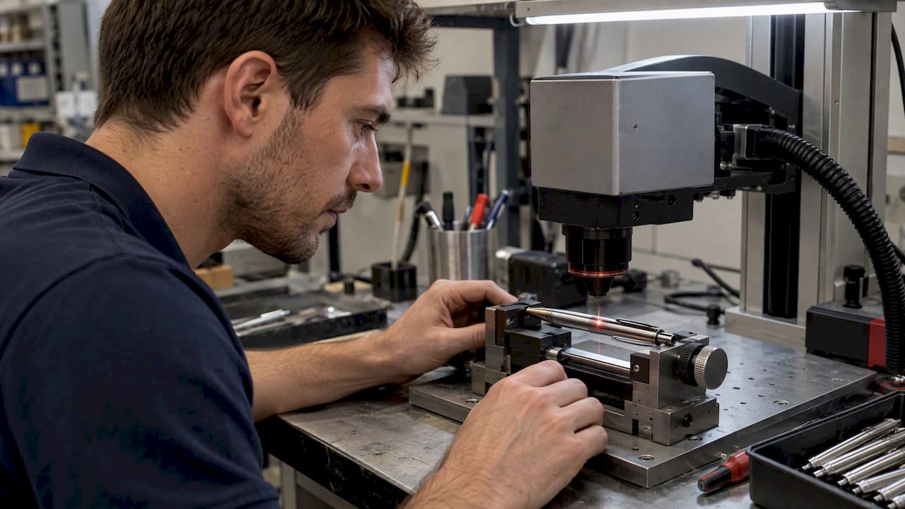 Tecnico che incide una penna in metallo