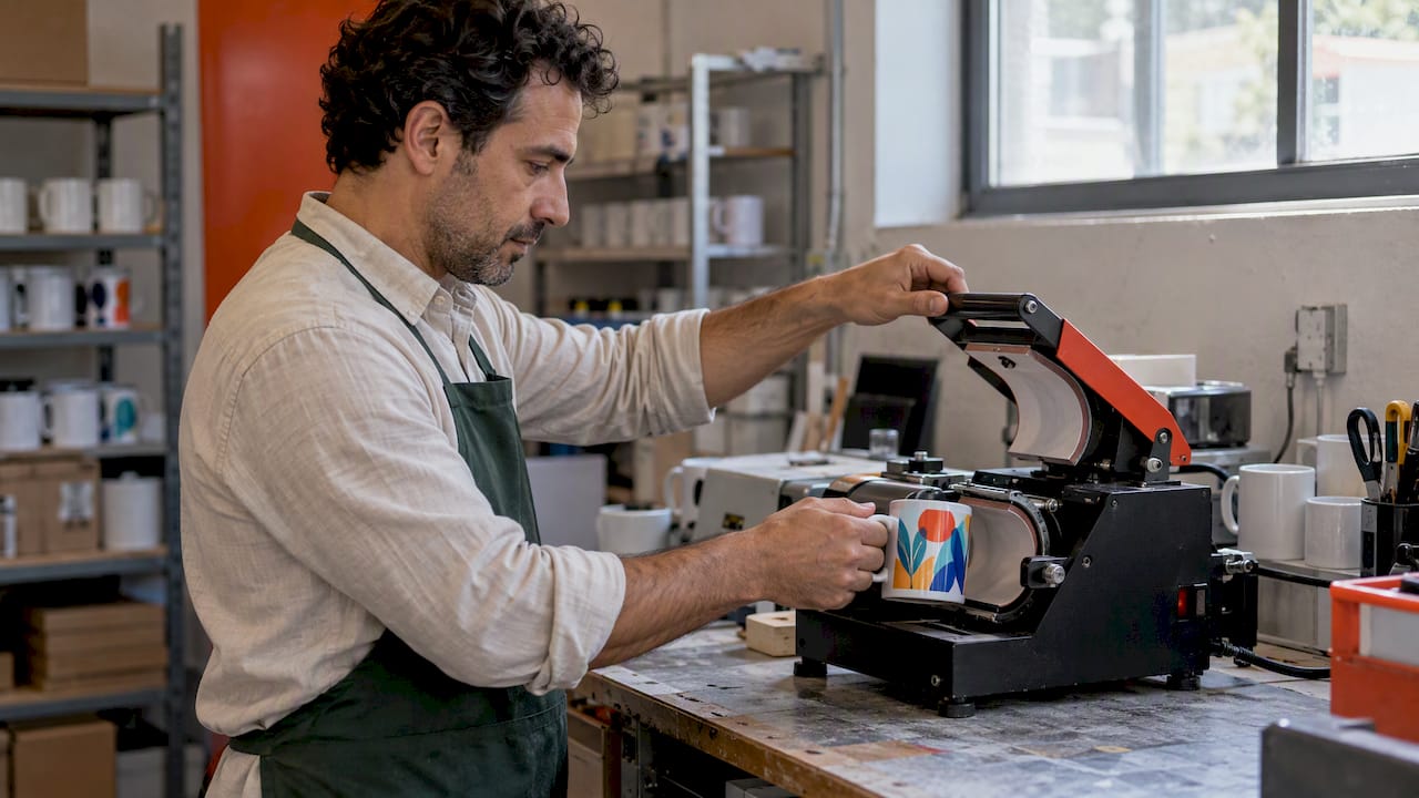 L'operatore apre la pressa per la sublimazione sulla tazza